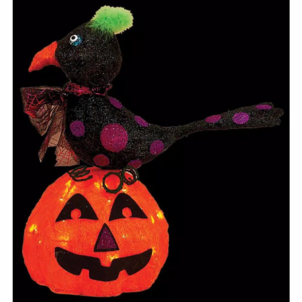 Unbranded 17 in. Sisal Lighted Pumpkin and Crow Halloween Tabletop Decoration