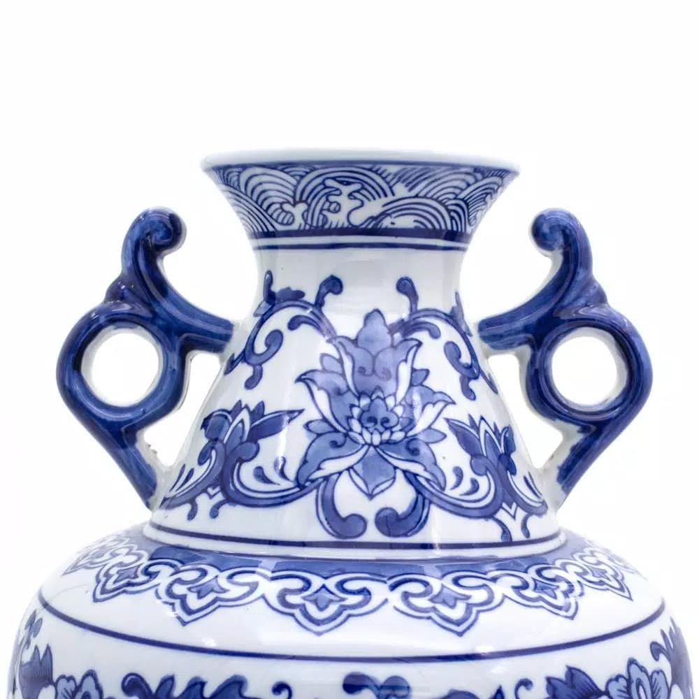 Unbranded Blue Garden White Lotus 2-Handle Porcelain Amphora Vase, Blue and White Floral Design