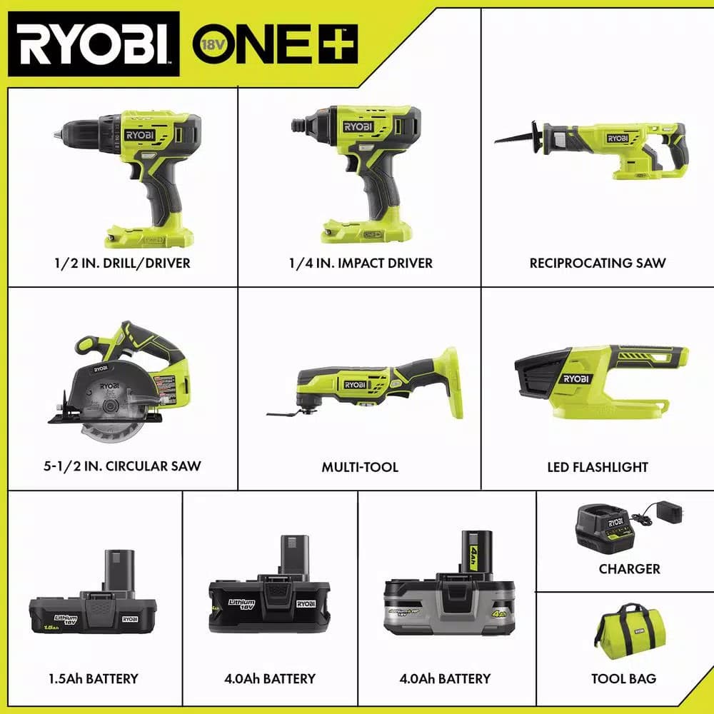 RYOBI 18V ONE+ Lithium-Ion Cordless 4-Tool Combo Kit with Free 4.0 Ah HP High Capacity Battery