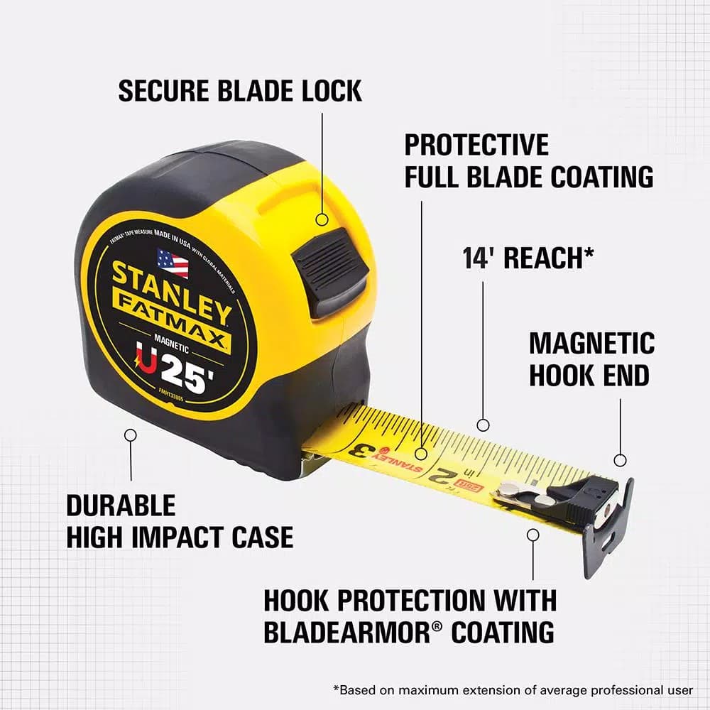 STANLEY FATMAX 25 ft. Magnetic Tape Measure, 14 ft. Standout, BladeArmor Protection