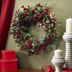 Nearly Natural 24 in. Artificial Holly Berry Wreath with Dark Greenery and Red Berries thumbnail 2