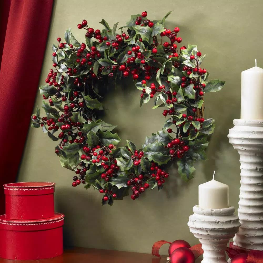 Nearly Natural 24 in. Artificial Holly Berry Wreath with Dark Greenery and Red Berries
