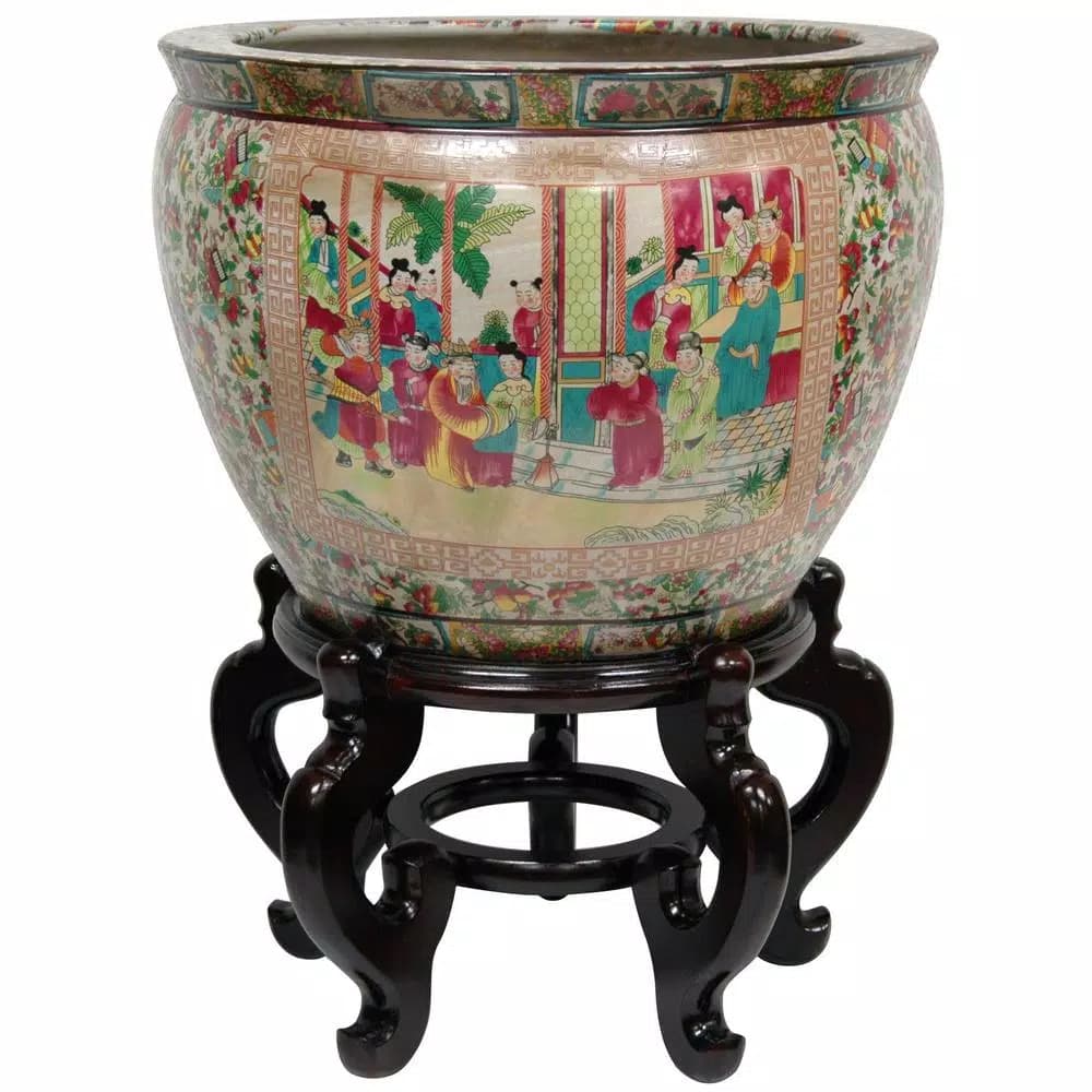 Oriental Furniture 16 in. Rose Medallion Porcelain Fishbowl Vase