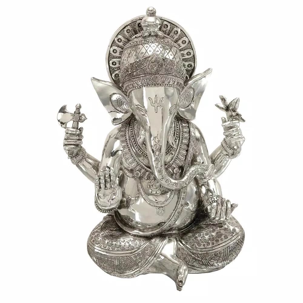 LITTON LANE 16 in. Antique Silver Sitting Ganesh Sculpture with Patterned Detailing