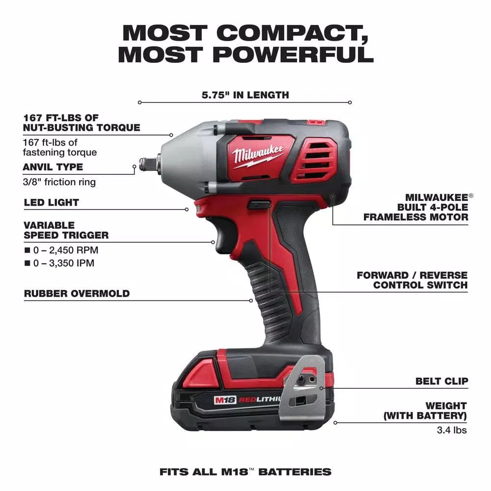 Milwaukee M18 3/8 in. Compact Cordless Impact Wrench Kit with (2) 1.5 Ah Batteries, Charger, and Hard Case
