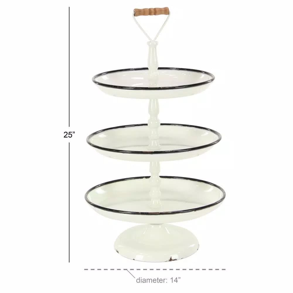 LITTON LANE Rustic Reflections 3-Tier Metal Pedestal Tray, Distressed White with Black Accents