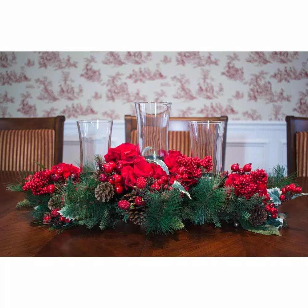 Nearly Natural 30 in. Holiday Hydrangea Candelabrum Centerpiece with 3 Glass Hurricane Holders