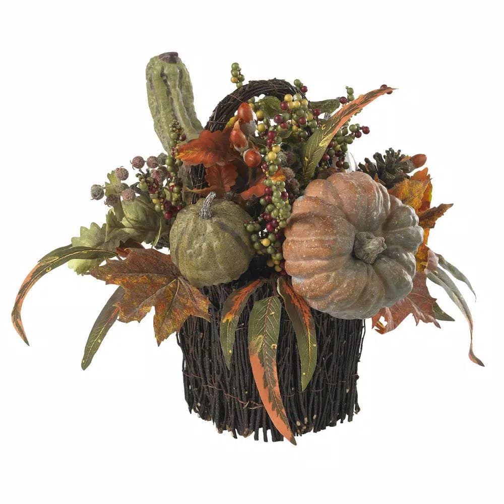 Nearly Natural 15 in. Fall Pumpkin and Berry Artificial Table Arrangement, Rustic Farmhouse Decor