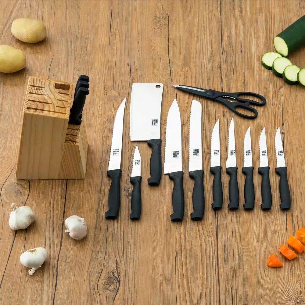 Home Basics 15-Piece Stainless Steel Knife Set with Wooden Display Block