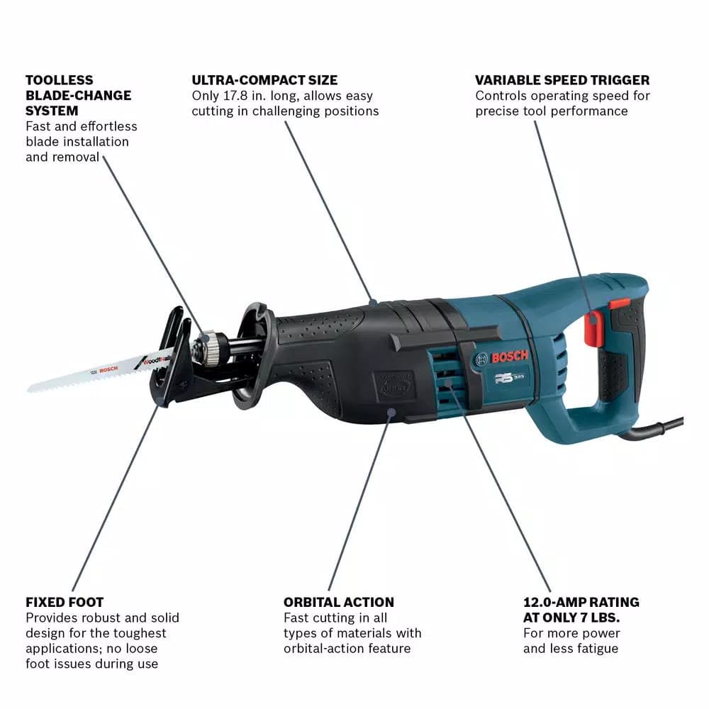Bosch 12 Amp Corded 1 in. Variable Speed Compact Reciprocating Saw with Carrying Case