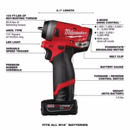 Milwaukee M12 FUEL 1/4 in. Stubby Brushless Cordless Impact Wrench Kit with Two Batteries and Charger thumbnail 4