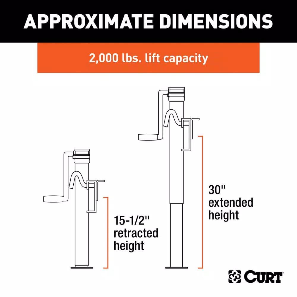 CURT Bracket-Mount Swivel Trailer Jack with Side Handle, 2,000 lbs. Capacity, 15 in. Travel
