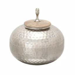 LITTON LANE 12 in. Silver Dimpled Iron Urn-Type Round Jar with Oak Brown Wood Lid thumbnail 2