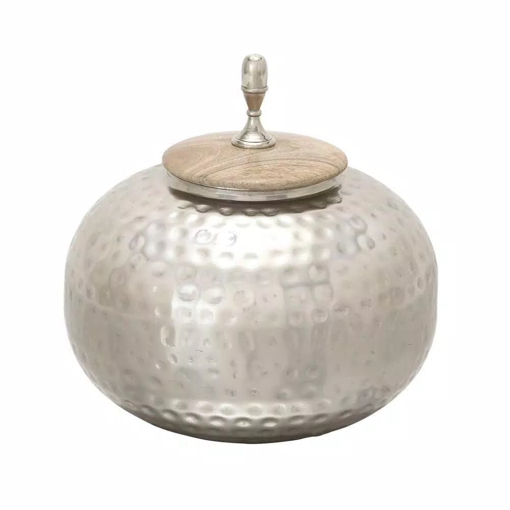 LITTON LANE 12 in. Silver Dimpled Iron Urn-Type Round Jar with Oak Brown Wood Lid