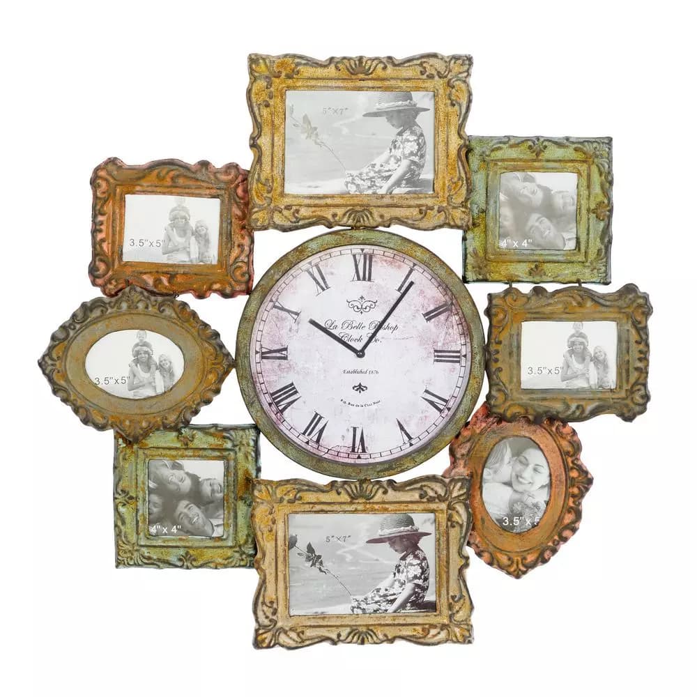 LITTON LANE 25 in. Metal Victorian Photo Frame Montage and Wall Clock with 8 Frames