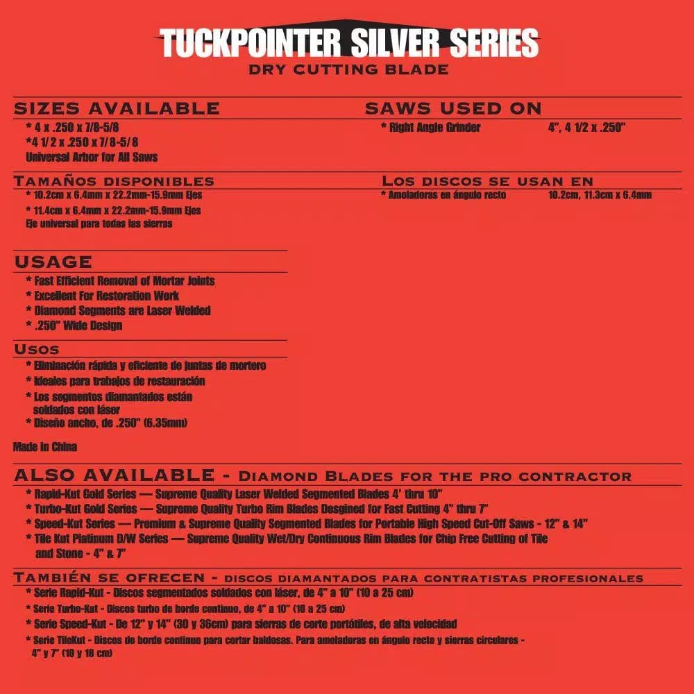 Quasar Tuckpointer Silver 4-1/2 in. Laser Welded Premium Segmented Diamond Blade