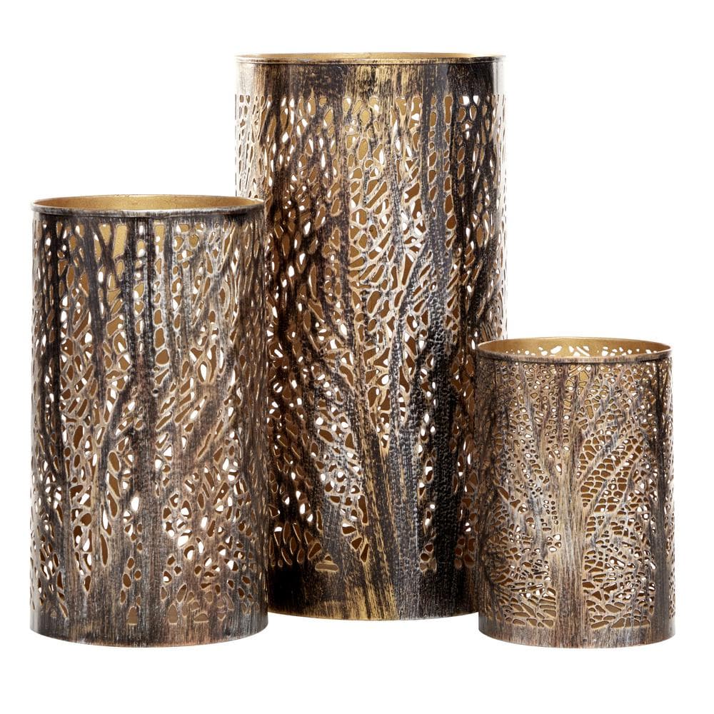 LITTON LANE Iron Hurricane Candle Holder Set of 3 - 12 in. x 6 in. Bronze Brass with Tree Branch Cutouts