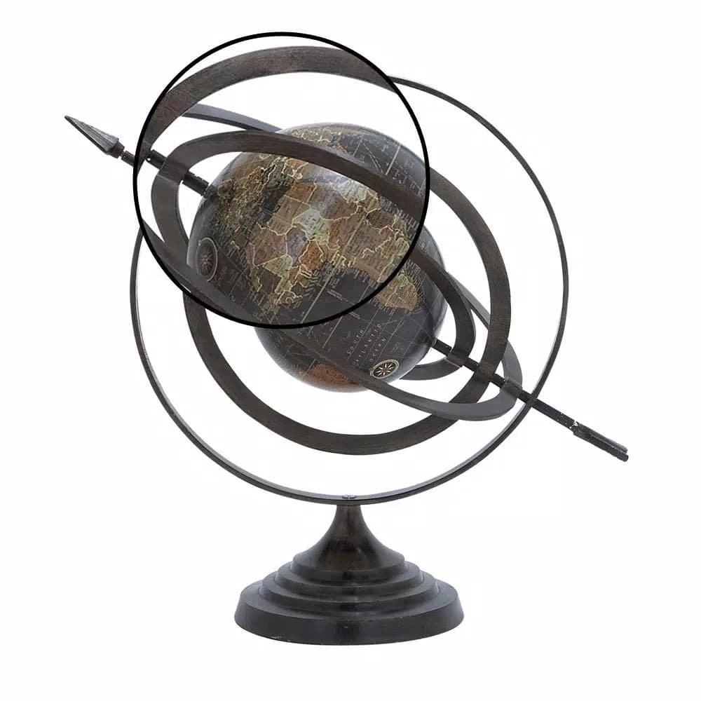LITTON LANE Modern Black Armillary Sphere Globe with Spear Finials and Sepia Map