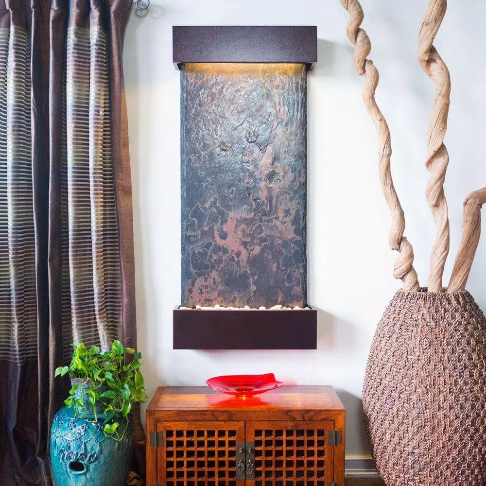 Water Wonders Large Nojoqui Falls Lightweight Slate Wall Fountain with Copper-Vein Trim and LED Lighting