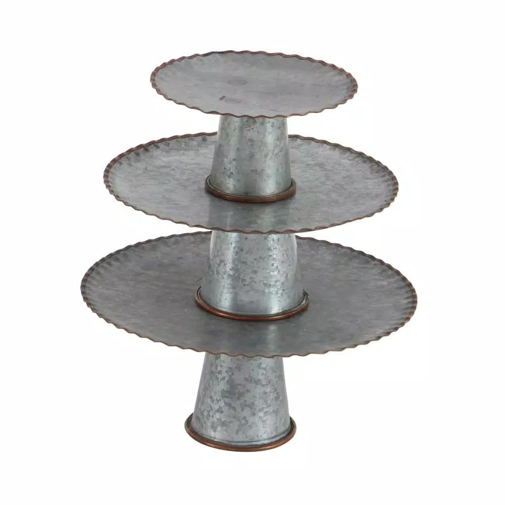 LITTON LANE Set of 3 Round Gray Iron Cake Stands with Copper Scalloped Edges, Farmhouse Style