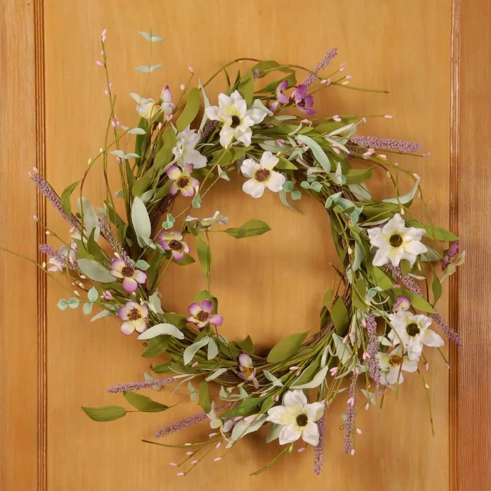 Unbranded 22 in. Purple and White Spring Floral Wreath with Lavender, Verbena, and Clematis
