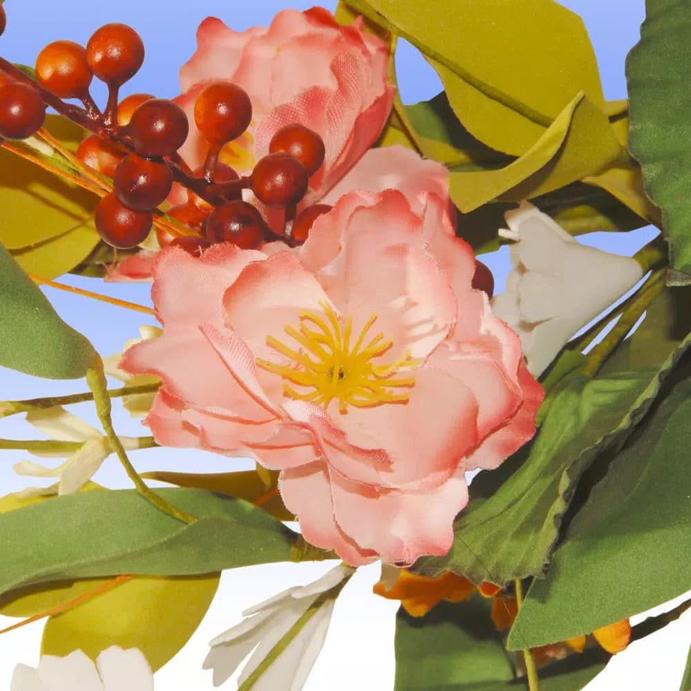 National Tree Company 22 in. Mixed Flower Wreath with Red Berries and Leafy Stems, Multi-Colored