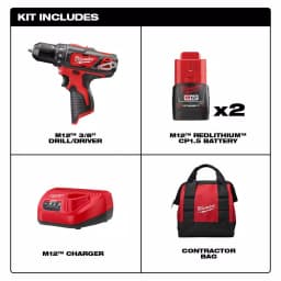 Milwaukee M12 12V Lithium-Ion Cordless 3/8 in. Drill/Driver Kit with Two 1.5 Ah Batteries, Charger and Bag thumbnail 2