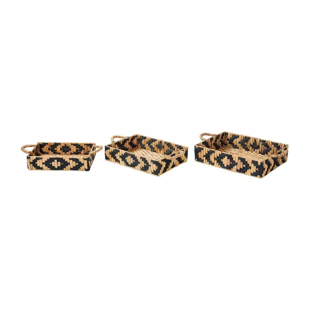 Home Decorators Collection Black and Natural Water Hyacinth Wicker Tray Set, 3-Piece Rectangle