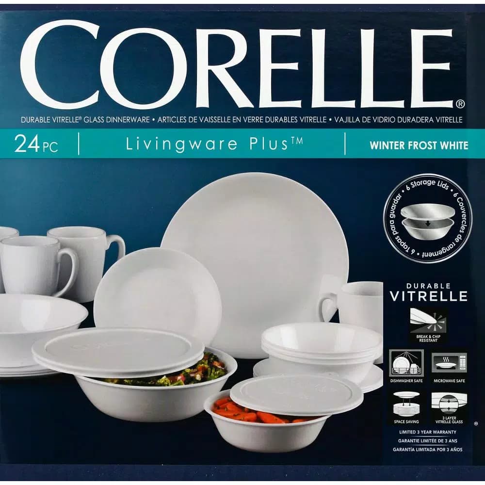 Corelle Livingware 24-Piece White Glass Dinnerware Set, Service for 4