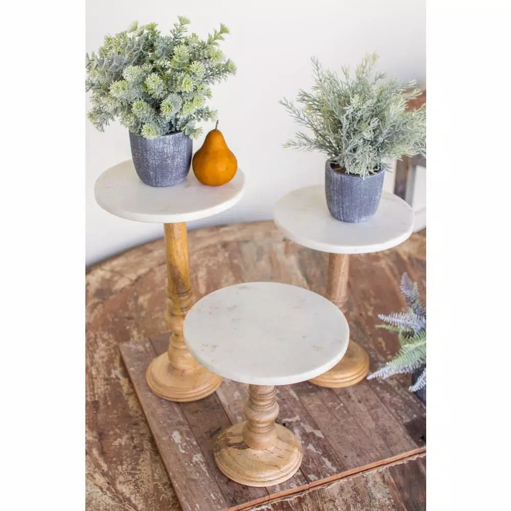 Unbranded Set of 3 Marble and Wood Round Display Stands for Serving and Decor