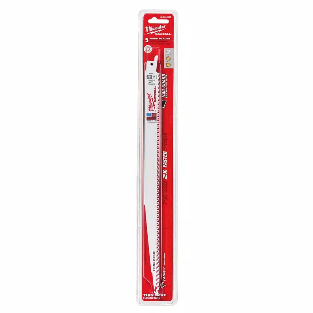 Milwaukee 12 in. 5 TPI Wood Cutting Reciprocating Saw Blades, Bi-Metal (5 Pack)