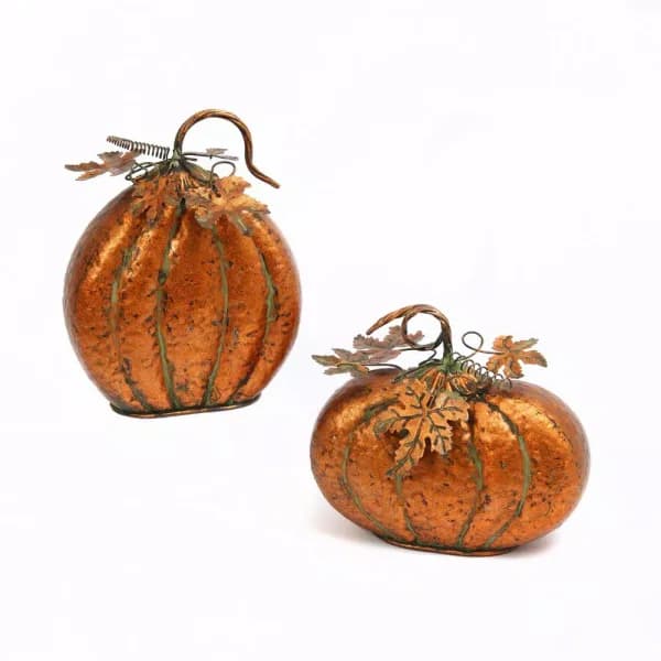 Gerson Iron Harvest Hammered Copper Metal Tabletop Pumpkins with Leaves, Set of 2