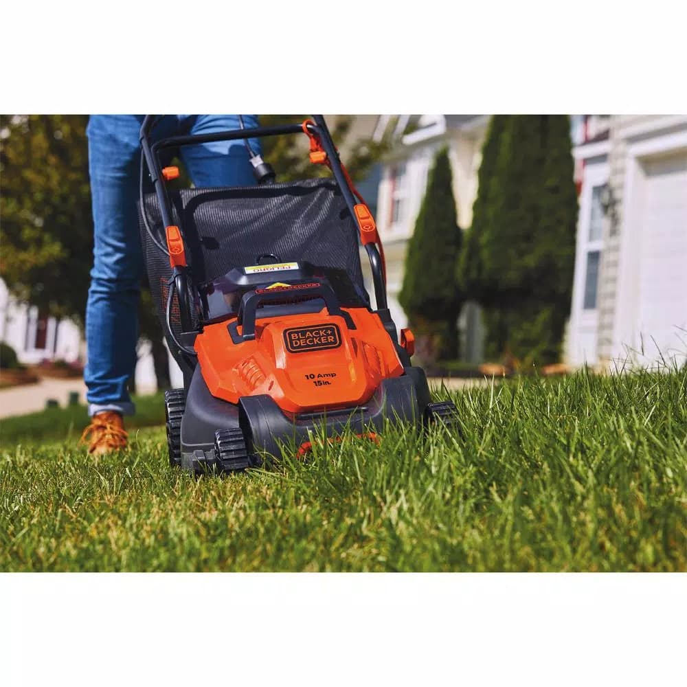 BLACK+DECKER 15 in. 10 Amp Corded Electric Walk Behind Push Lawn Mower with Bagger
