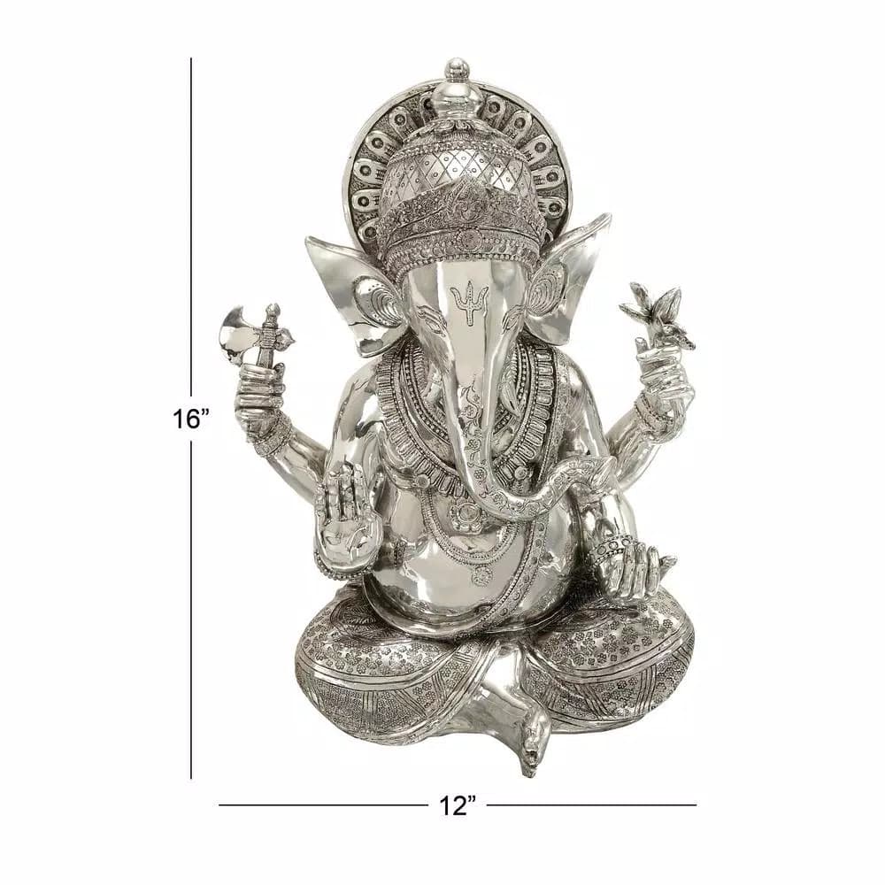 LITTON LANE 16 in. Antique Silver Sitting Ganesh Sculpture with Patterned Detailing