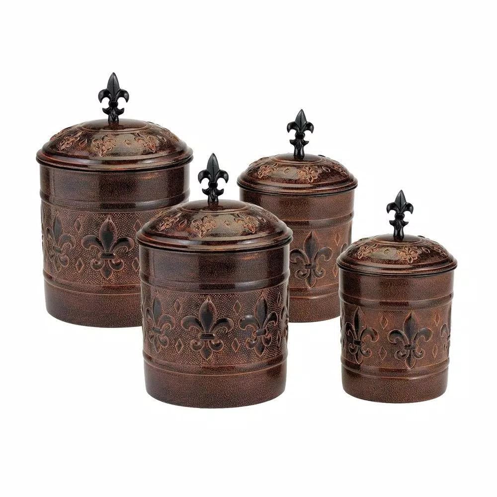 Old Dutch Versailles 4-Piece Iron Canister Set with Fresh Seal Covers, Antique Copper Finish