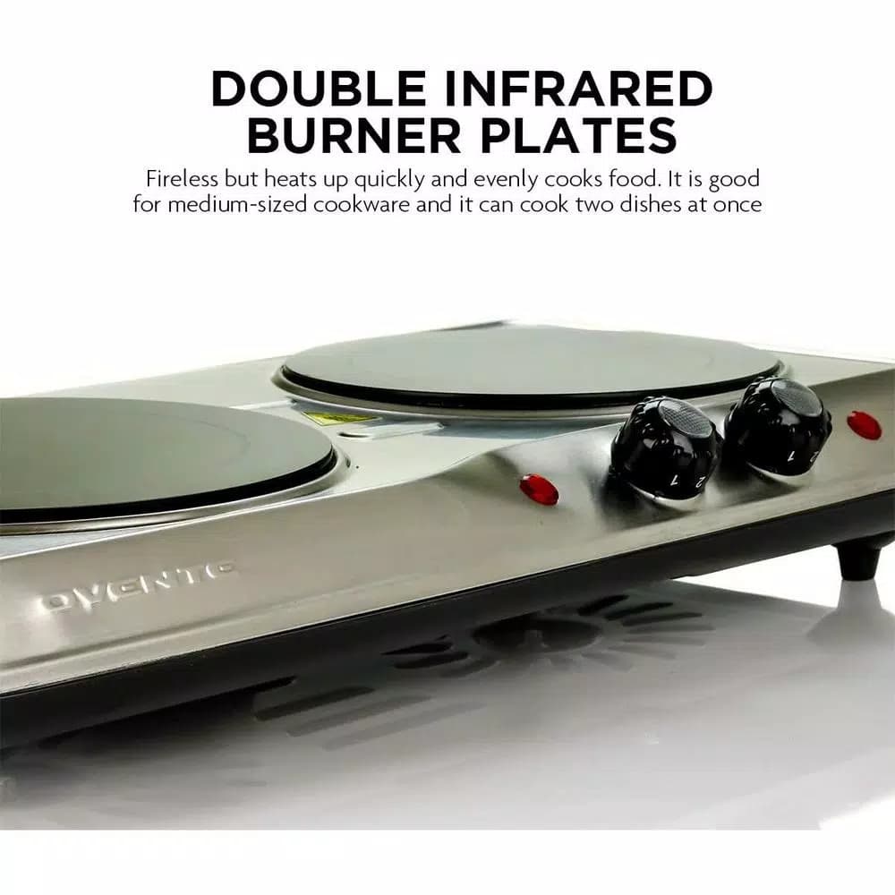 Ovente 1700W Double Electric Hot Plate, Infrared Glass Cooktop with 2 Burners, Silver