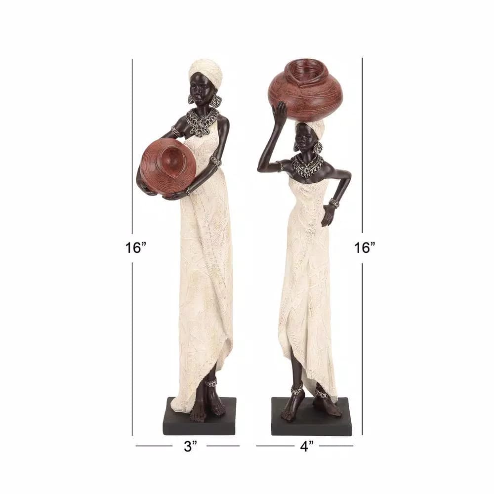 LITTON LANE Traditional African Lady Sculptures with Urns - Ivory Polystone Statues (2-Pack)