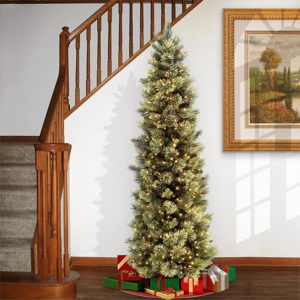 National Tree Company 7 ft. Carolina Pine Slim Artificial Christmas Tree with Flocked Pinecones and 550 Clear Lights