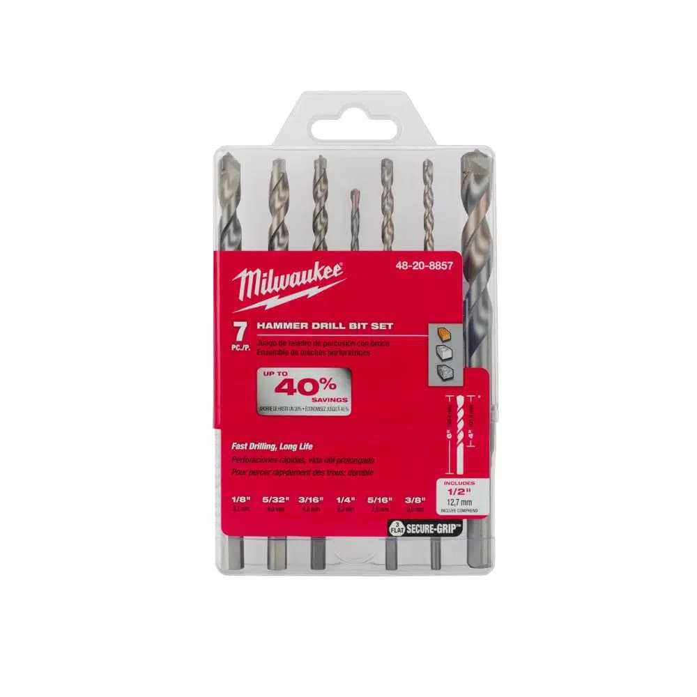 Milwaukee 7-Piece Carbide Hammer Drill Bit Set with 3-Flat Secure-Grip