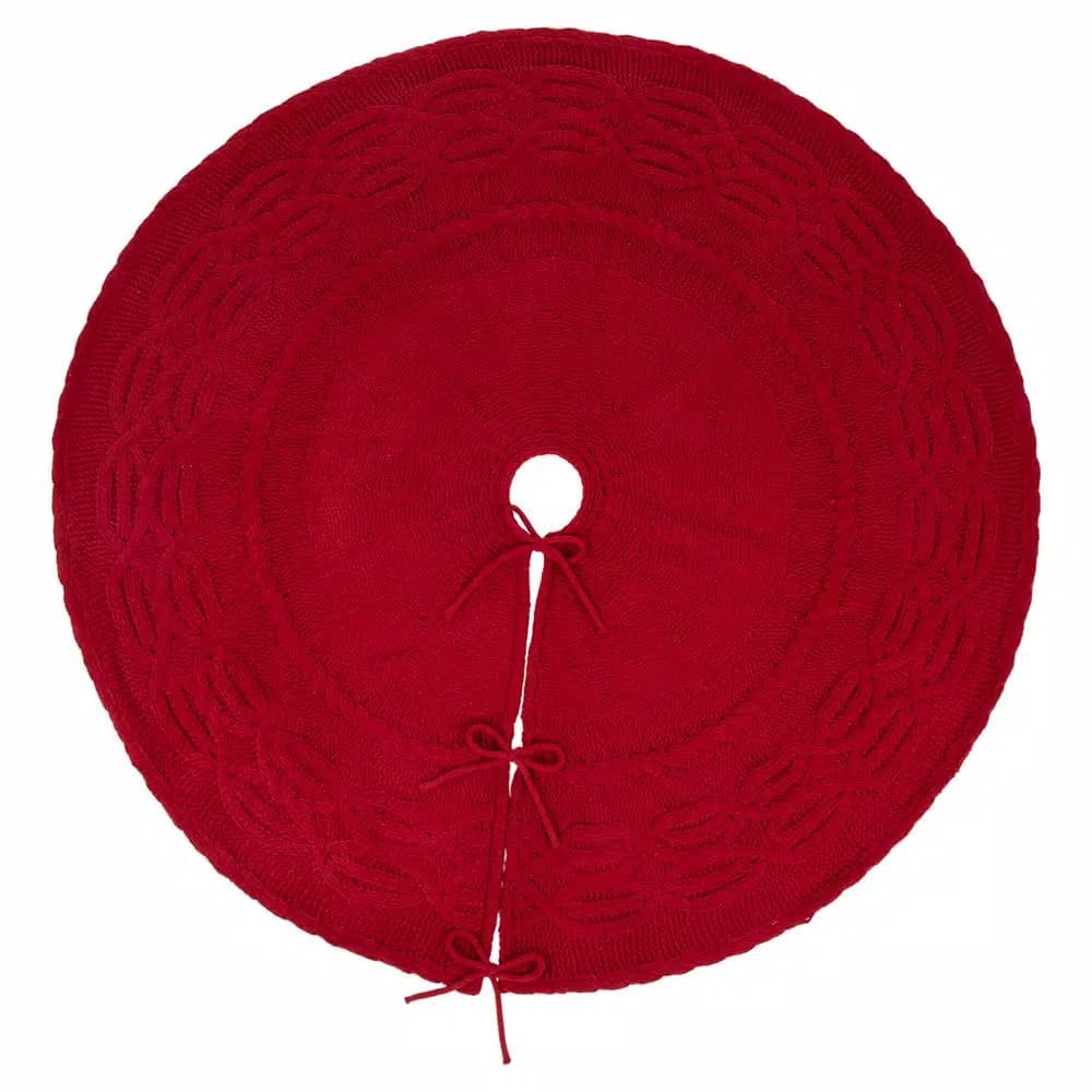 Glitzhome 52 in. Red Knitted Chenille Polyester Christmas Tree Skirt
