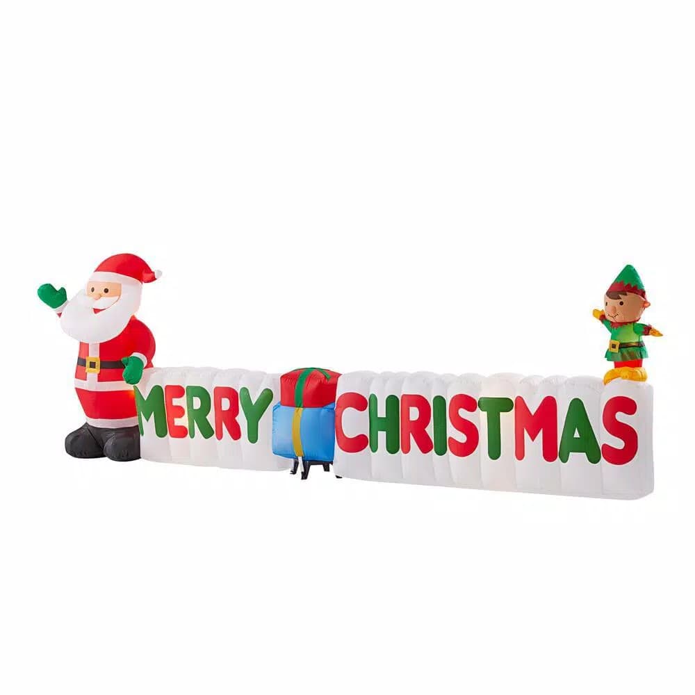 Home Accents Holiday 12 ft Airblown Inflatables Merry Christmas Sign Scene with Santa, Elf, and Presents