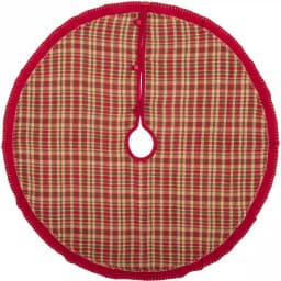 VHC Brands Claren 48 in. Cherry Red Rustic Plaid Christmas Tree Skirt with Gold Metallic Thread thumbnail 1