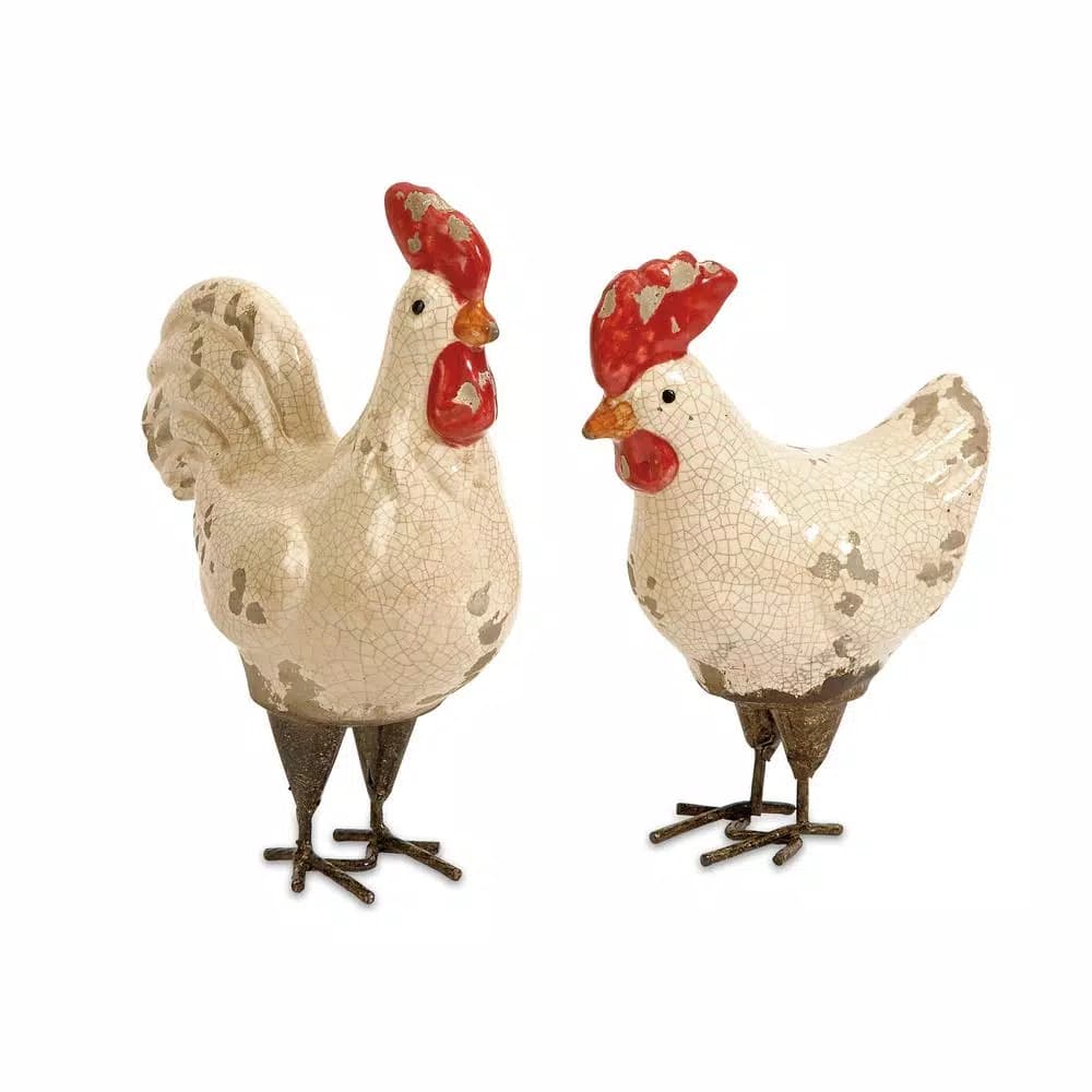 Unbranded Quinn Roosters Set of 2 - White Distressed Ceramic Farmhouse Decor
