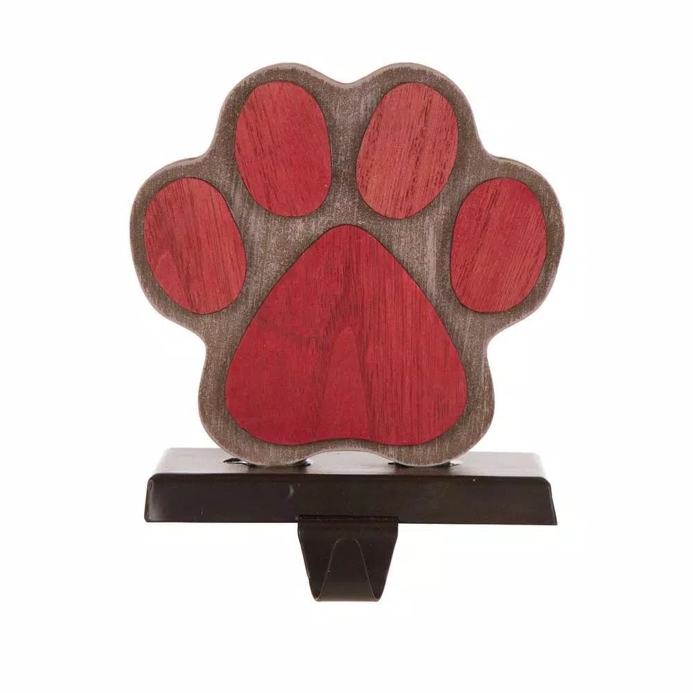 Glitzhome 6.30 in. Dog Paw Wooden and Metal Christmas Stocking Holder, Red