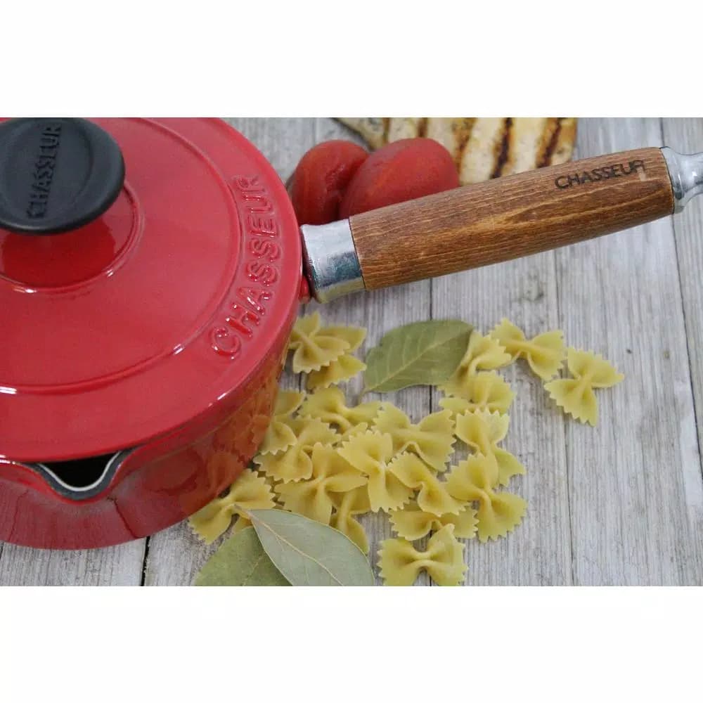Chasseur 1.3 qt. Enameled Cast Iron Sauce Pan with Lid, Red