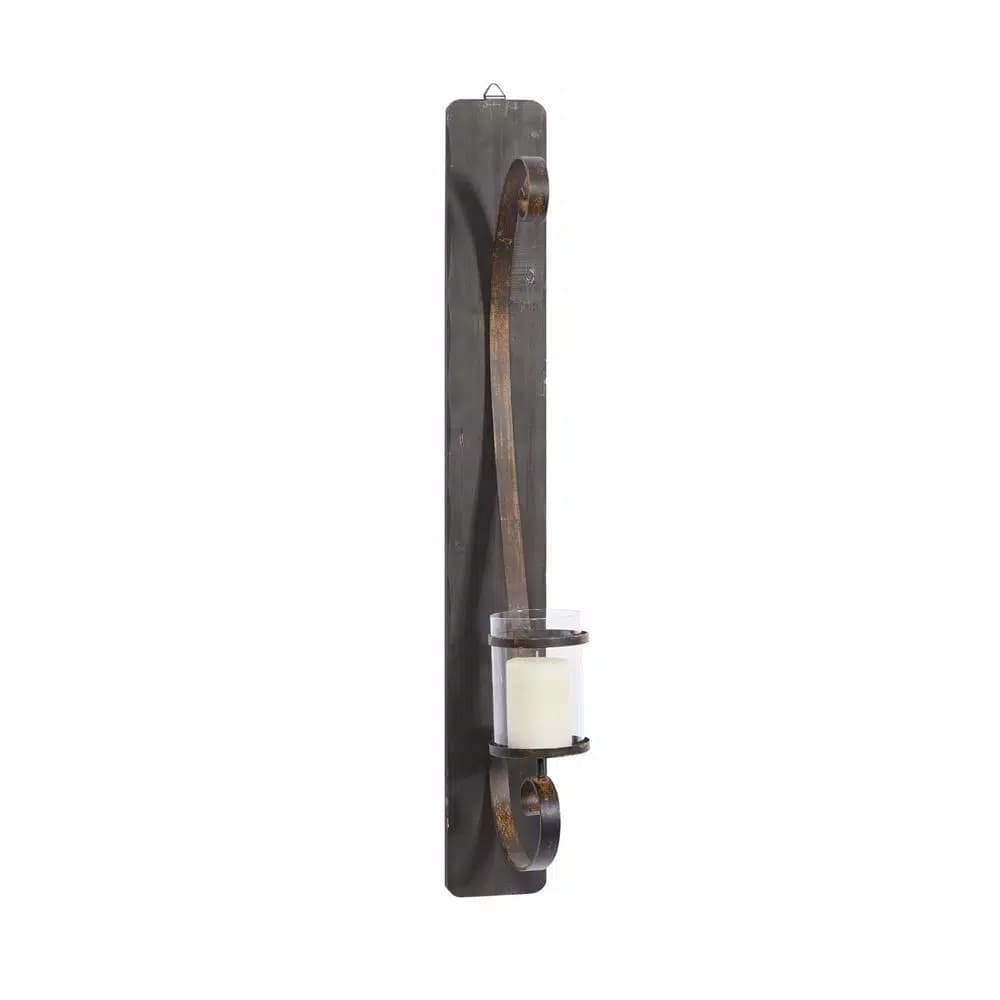 LITTON LANE 36 in. Scrolled Wrought Iron Wall Sconce Candle Holder with Glass Hurricane, Deep Bronze
