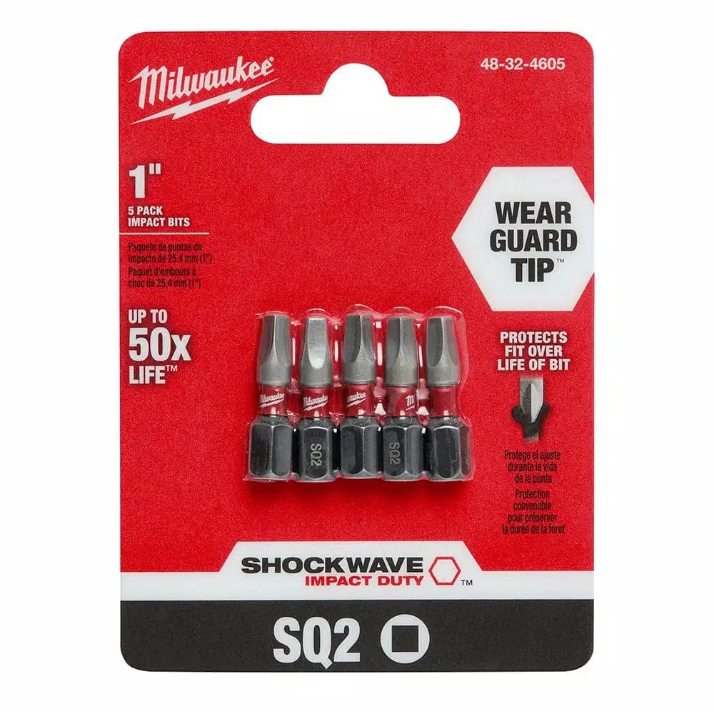 Milwaukee SHOCKWAVE 1 in. #2 Square Impact Rated Driver Bits, 5-Pack