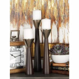 LITTON LANE Dark Brown Mango Wood and Silver Aluminum Conical Candle Holder Set of 3 thumbnail 1