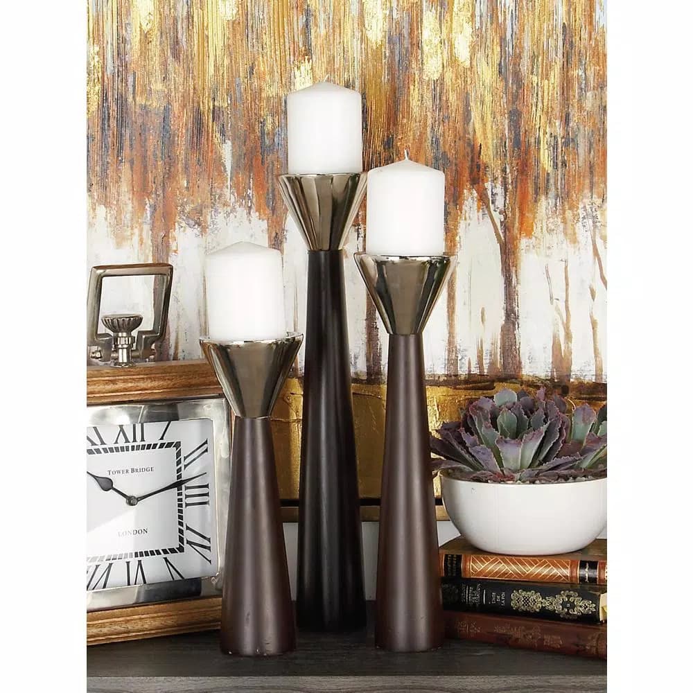 LITTON LANE Dark Brown Mango Wood and Silver Aluminum Conical Candle Holder Set of 3