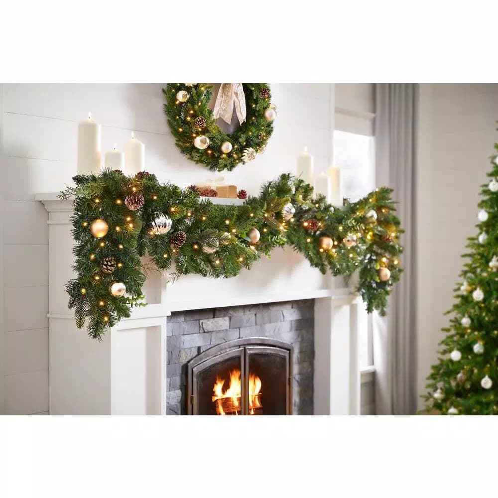 Home Accents Holiday 9 ft. St. Germain Pre-Lit Mixed Pine LED Christmas Garland with Ornaments & Pine Cones